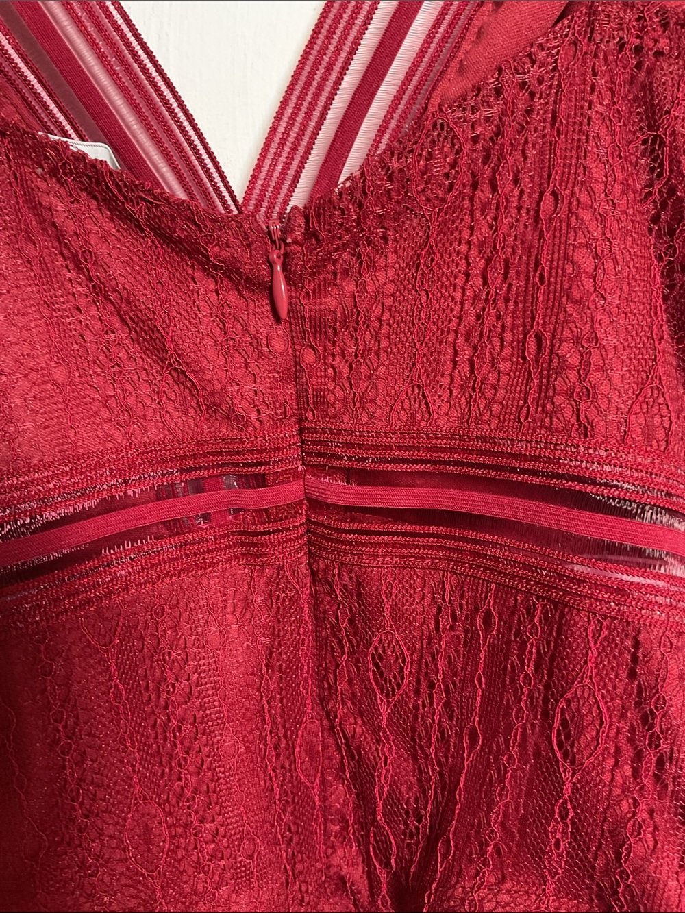 Lulus Casita Wine Red Lace Sheer Striped Plunging Sleeveless Bodysuit Size M - Picture 6 of 11